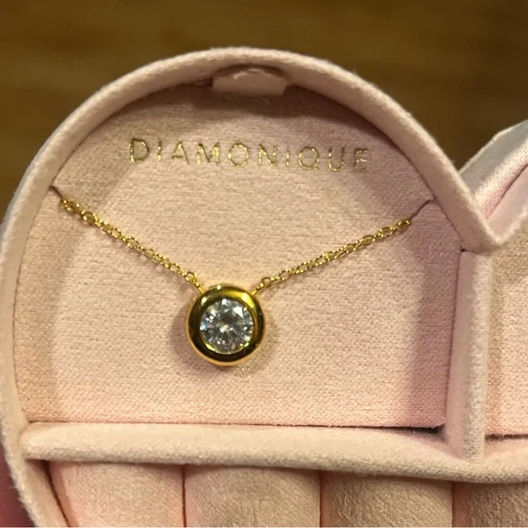 Diamonique Sterling Silver-14K Gold Over Bezel Necklace & Stud Earrings Set NIB - Picture 2 of 15